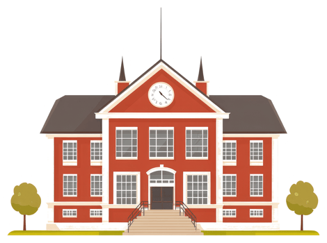 An illustration depicts a red brick school building with a clock png