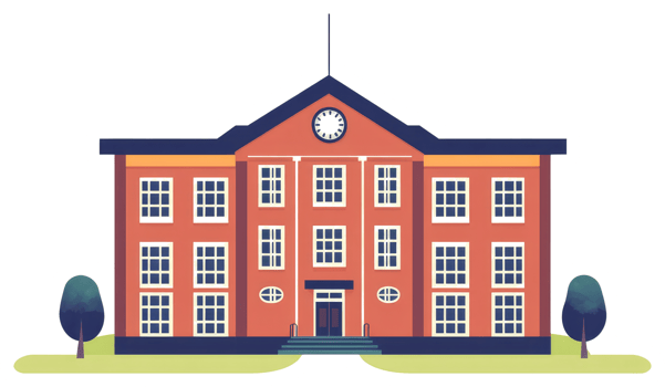 Illustration depicts a large red building with a clock on its facade png