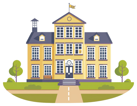 An illustrated three story building with a flag and clock png