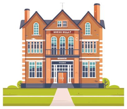 A detailed illustration depicts a grand brick building facade png