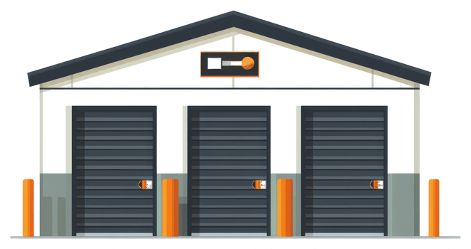 Illustration depicting a commercial building with three secure garage doors png