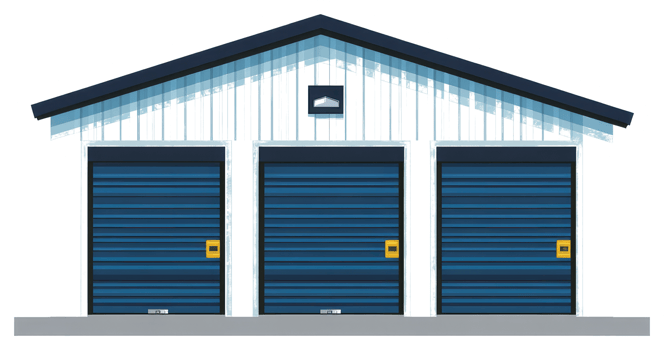 Illustration depicts a garage building featuring three closed roller doors png