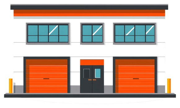 A modern industrial building with orange doors and windows png