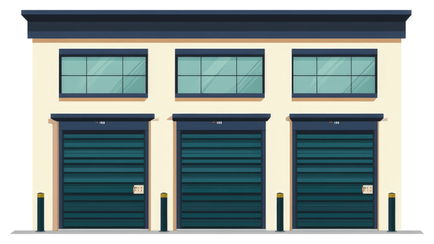 Exterior view of a building with three garage bays png