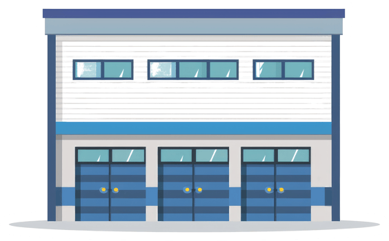 A cartoon depiction of a blue and white commercial building png