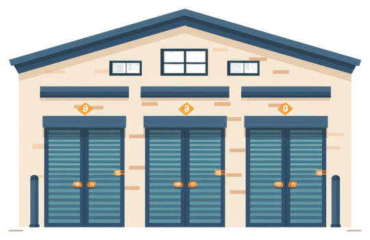 A cartoon style building with roller shutter doors in a row png