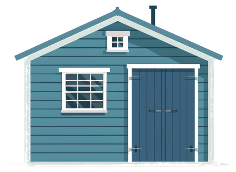 A small blue and white illustrated shed building with windows png