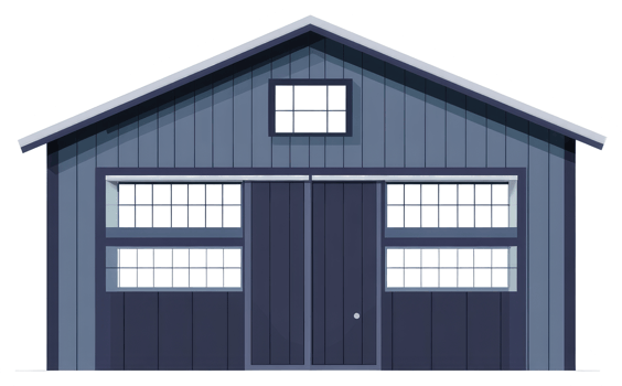 A blue cartoon barn with windows and a snow covered roof png
