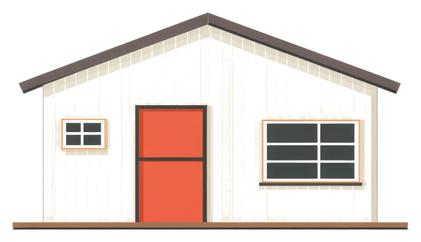 A simple cartoon house with a red door and windows png