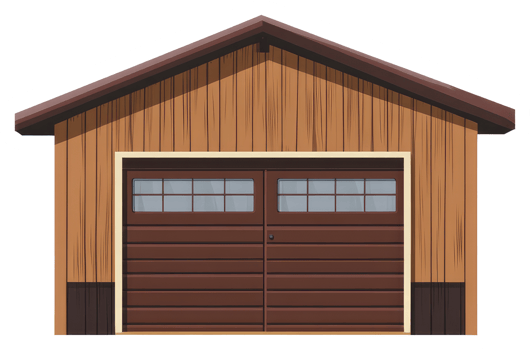 A wooden garage building with a brown garage door and roof png