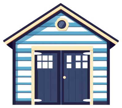 A blue and white painted beach hut with double doors png