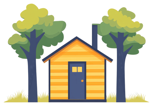 A small yellow house sits between two green trees png