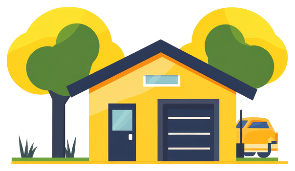 A simplistic illustration of a house with two trees nearby png