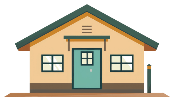 A small cartoon house with a green roof and a door png
