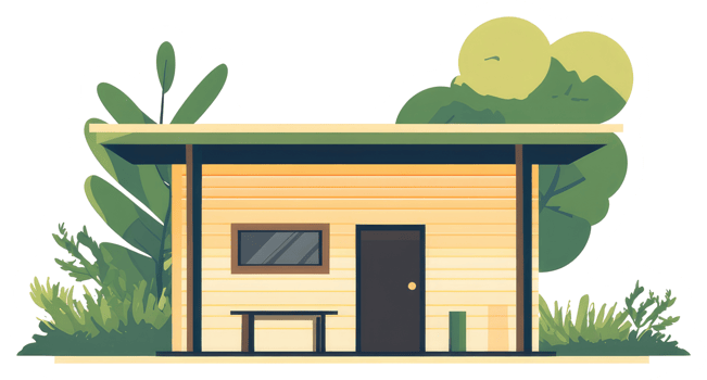 A simple illustration of a small wooden cabin surrounded by nature png