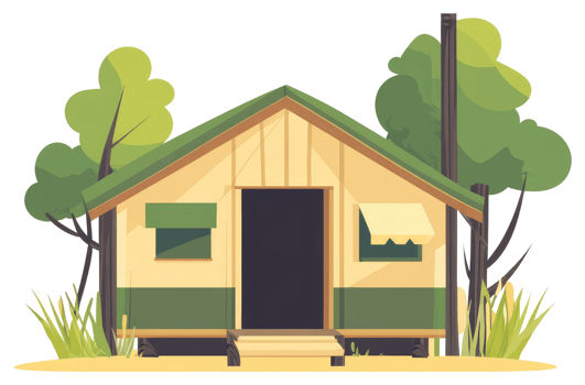 A simple illustrated camping cabin among surrounding trees and grass png