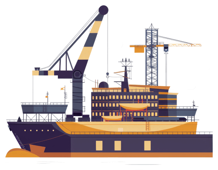 A stylized illustration depicting a large cargo ship and crane structure png