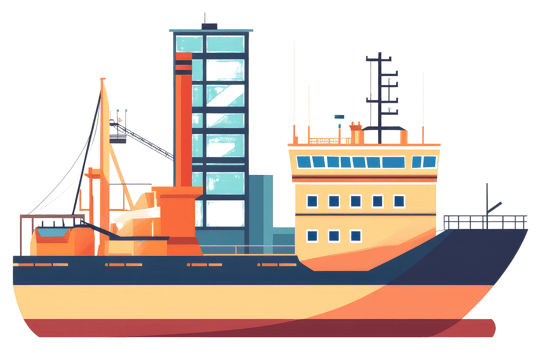 An illustrated cargo ship at sea with its industrial features png