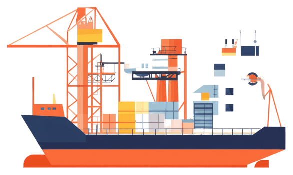 A cargo ship being loaded or unloaded at a harbor dockside png