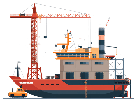 A large ship undergoing repairs with a construction crane present png