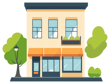 A colorful illustration of a building with trees and a sidewalk png