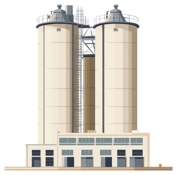 Large industrial silos with supporting buildings and structures are present png