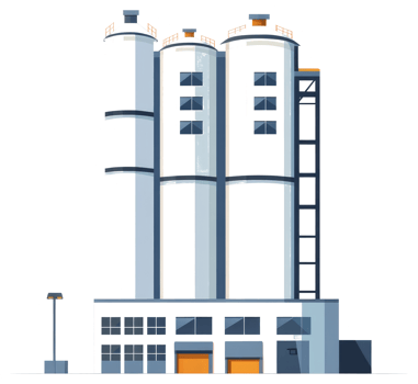 Illustrated image depicting an industrial facility with silos and a base png