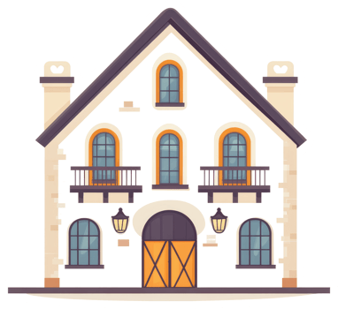 An illustrated depiction of a white two story building with a roof png