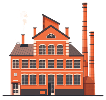 Cartoon illustration of a red brick industrial factory building with smokestacks png