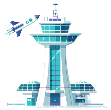 A futuristic air traffic control tower with a spacecraft in flight png