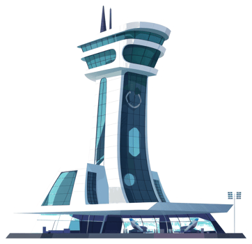 Modern airport control tower with airplanes in the terminal building png