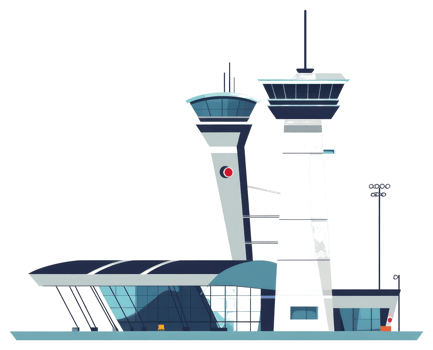 An illustration of a modern airport control tower and terminal png