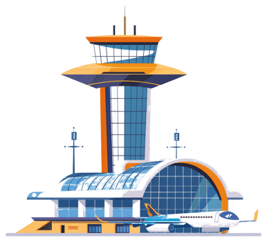 A colorful airport illustration with an air traffic control tower png