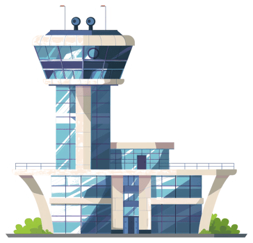 Cartoon depiction of an airport control tower and terminal building png