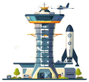 Modern stylized illustration showcasing an airport control tower and space rocket png