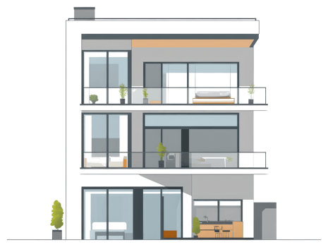 Modern architectural illustration featuring a multi story contemporary residential building png
