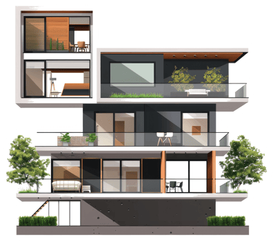 An architectural rendering depicting a modern multi story residential building png