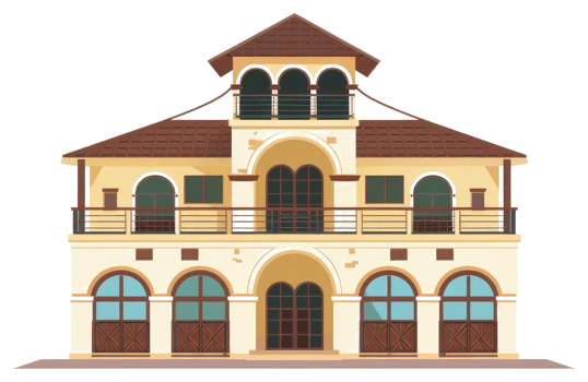 A decorative illustration presents a stylized two story house facade png