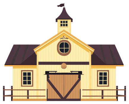 A light yellow and brown barn with windows and a flagpole png