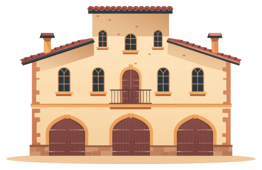 A cartoon illustration depicts an arched building with tiled roof png
