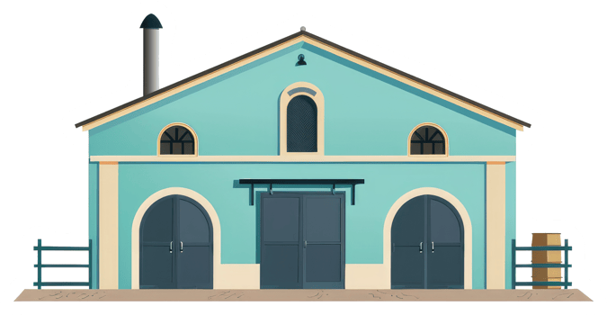 A blue building with arched doors and a smokestack chimney png