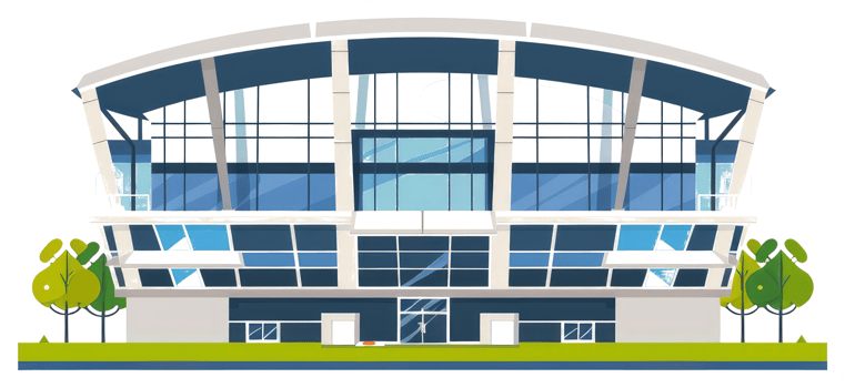 A modern building illustration featuring glass windows and a curved roof png
