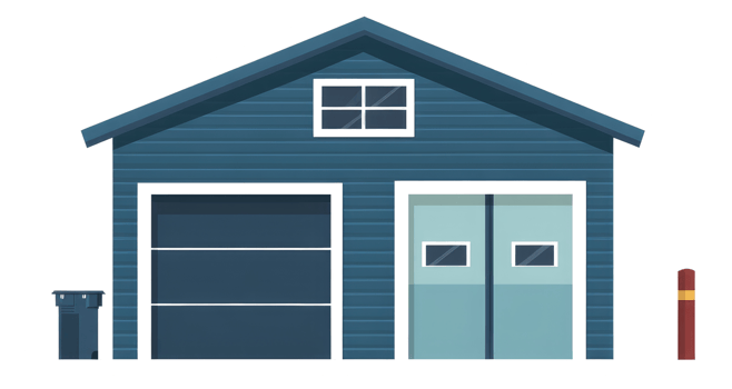 A blue building featuring two garage doors and a small window png