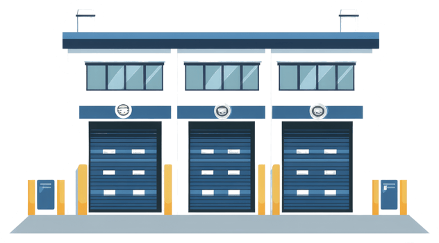 An illustration of a building with three large roller doors png