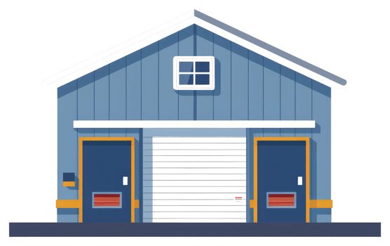 A blue illustration of a simple building with a garage door png