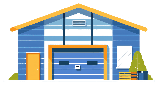 A Colorful Blue Garage Building with Orange Accents and Design png