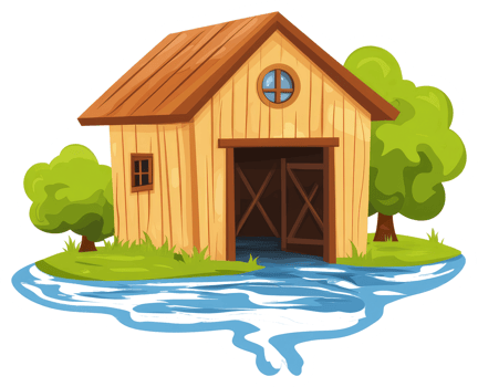 A Cartoon Barn Surrounded by Green Trees and Blue Water png