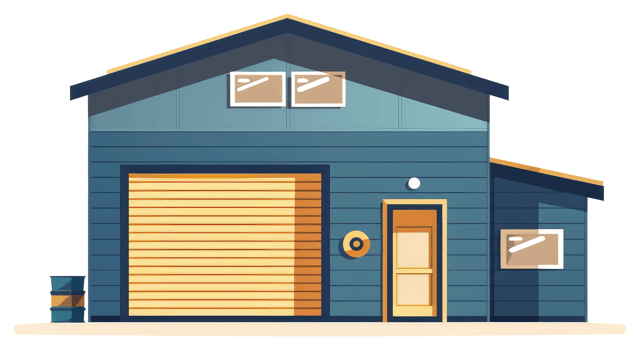 An illustration showing a building with garage and small door png