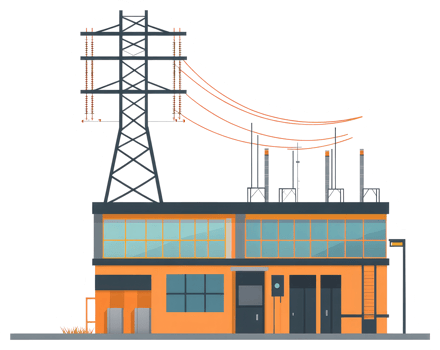 A power plant building and electricity transmission tower connection png