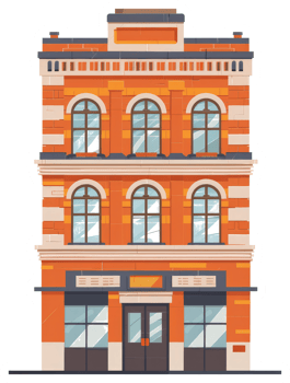 An illustrated front view of a three story brick building png